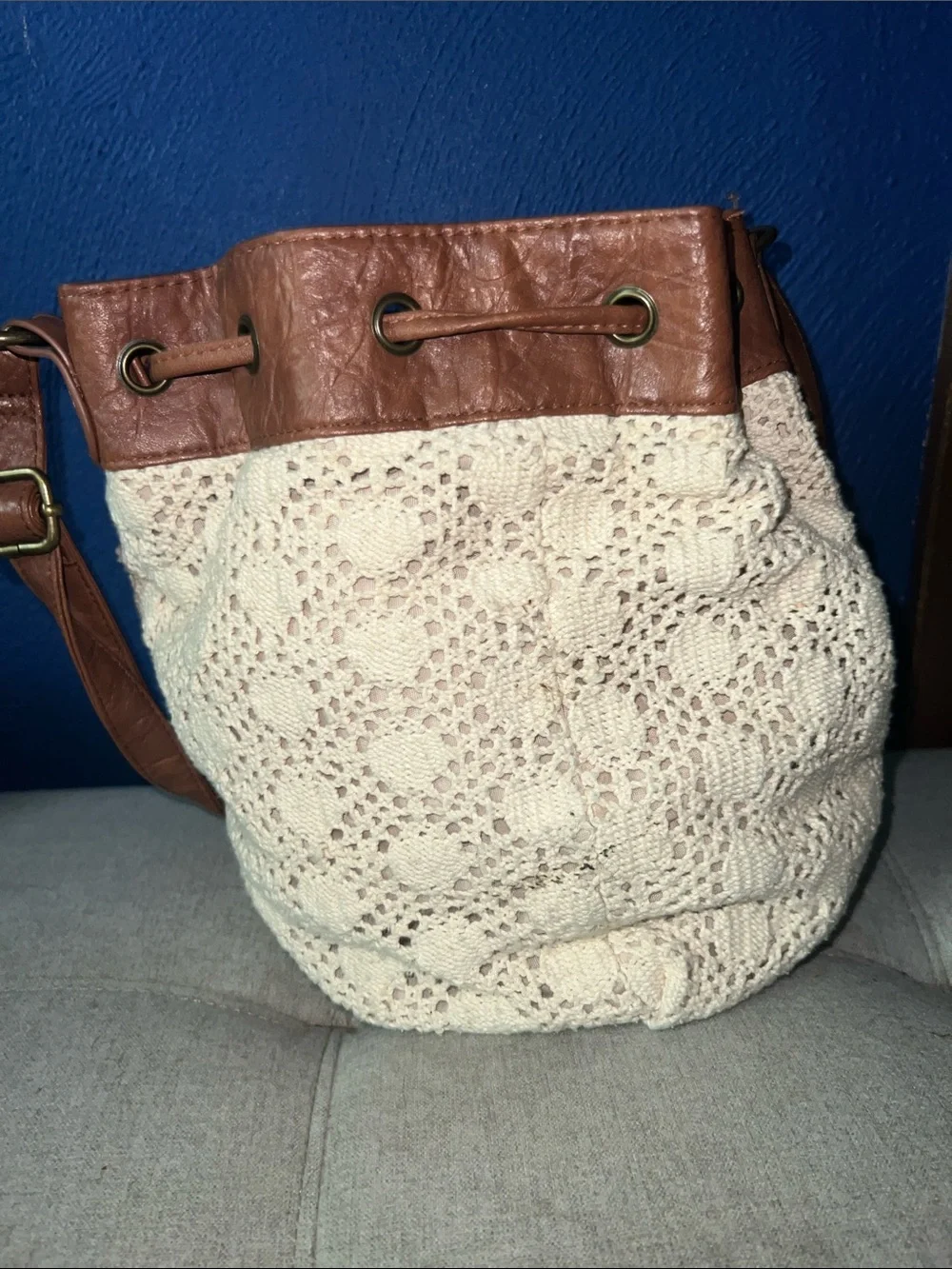 Cream Crochet Drawstring Bucket Bag with Brown Trim